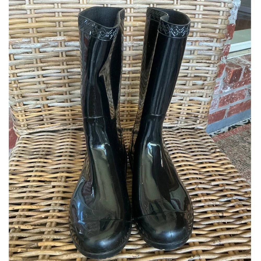 UGG Raana Black Glossy Rain Boots Kids Size 3 Waterproof Rubber Wellies 1014340K